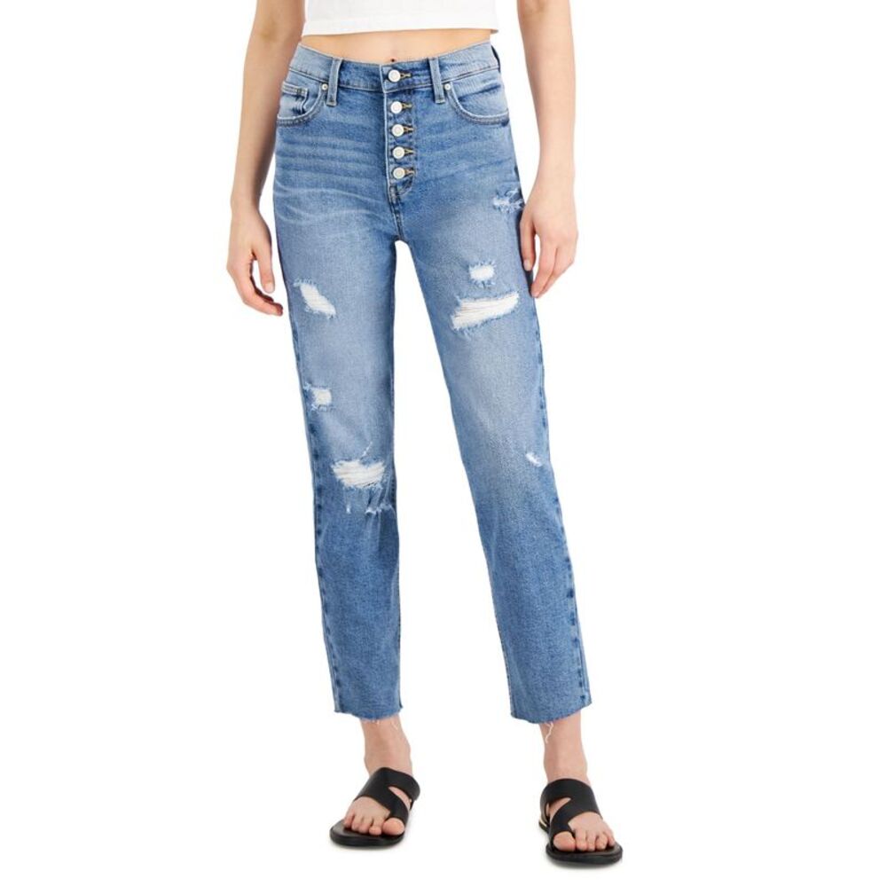 Juniors' Ripped Button-Fly Jeans